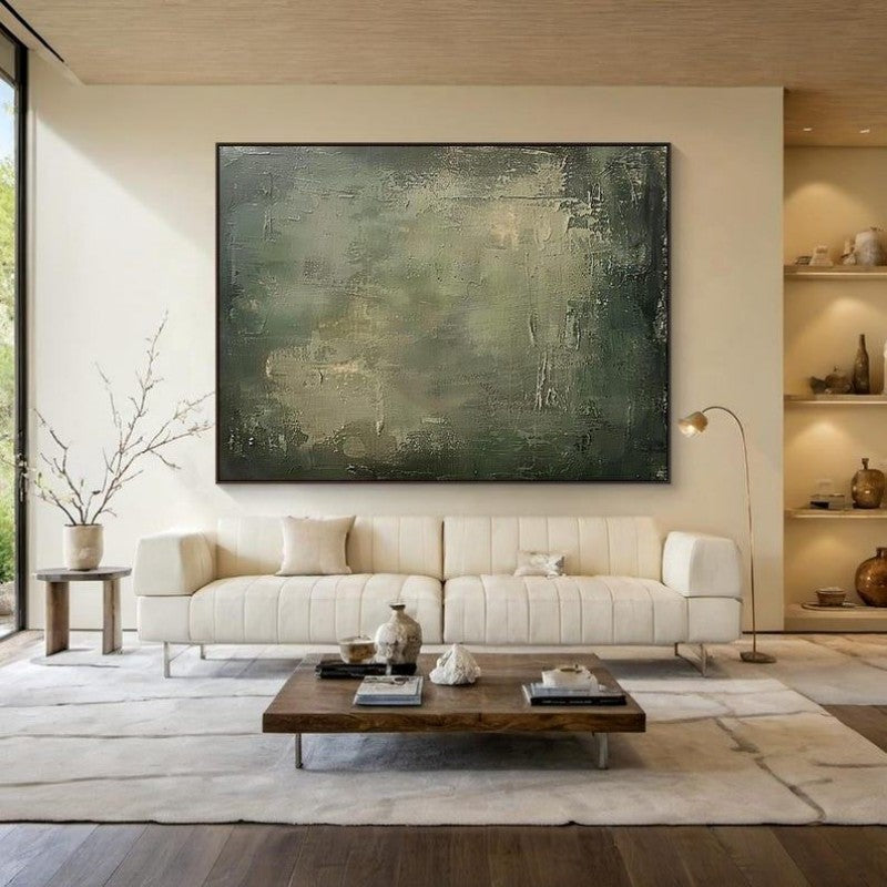 Large Abstract Painting | Green & Beige Minimalist Wabi-Sabi Canvas Wall Art