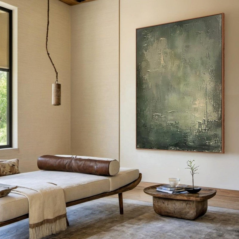 Large Abstract Painting | Green & Beige Minimalist Wabi-Sabi Canvas Wall Art