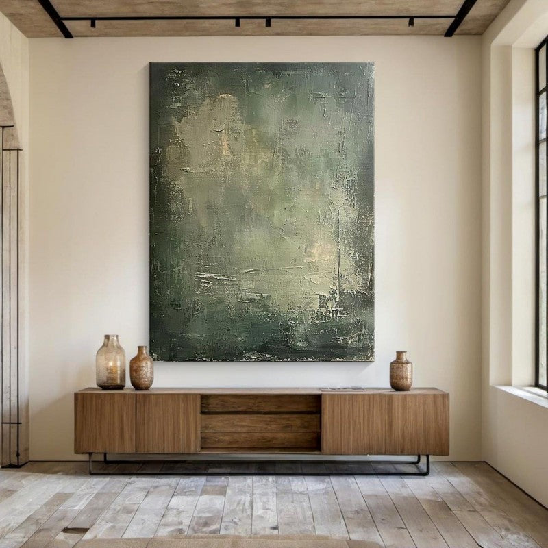 Large Abstract Painting | Green & Beige Minimalist Wabi-Sabi Canvas Wall Art