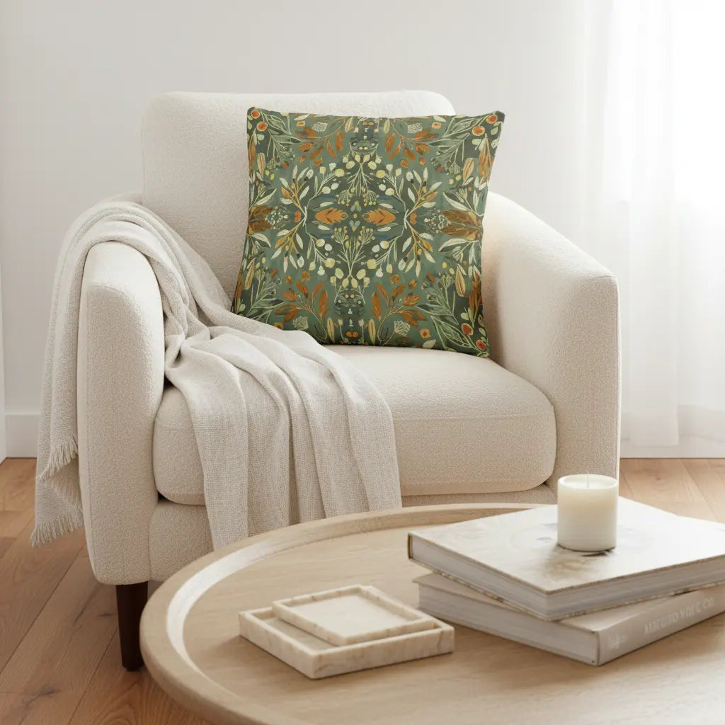 Beige armchair with a patterned green pillow and a white blanket, accompanied by a wooden coffee table with books and a candle.