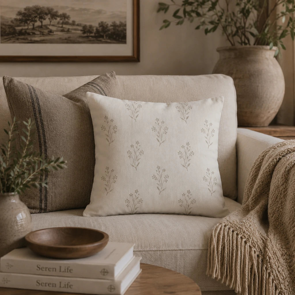 Wildflower Sprig Pillow 18x18 | Modern Organic Neutral Floral Accent Pillow