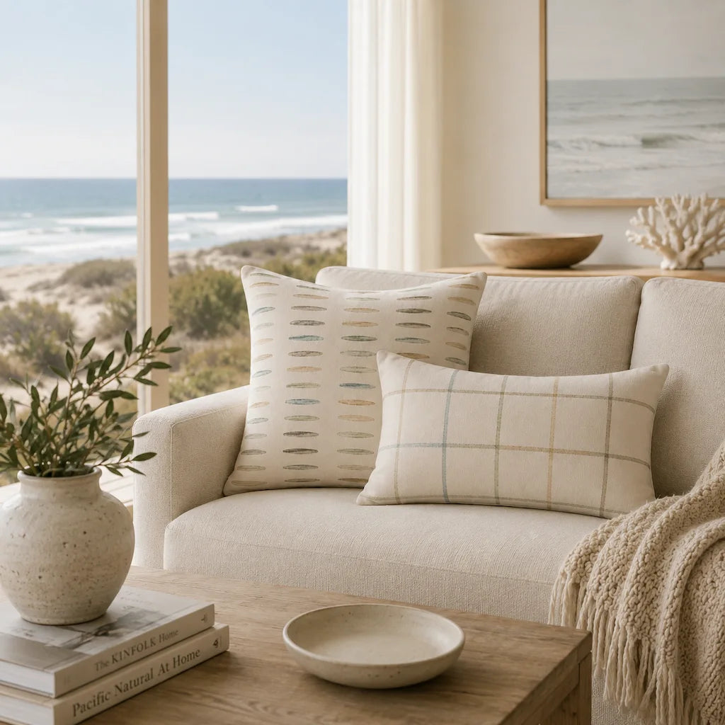 Beige sofa with decorative pillows in a living room with ocean view