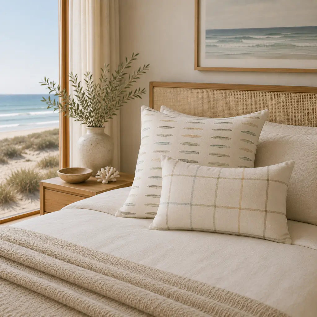 Beach-themed bedroom with ocean view, pillows, and decor.
