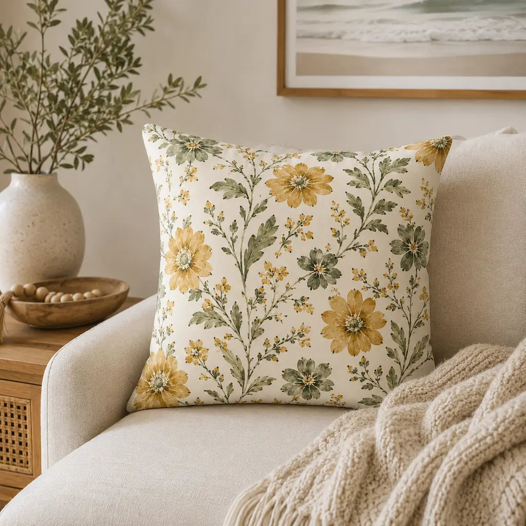Floral-patterned pillow on a couch with a vase and plant in the background