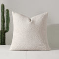 Textured beige pillow on a light gray sofa with a cactus plant in the background