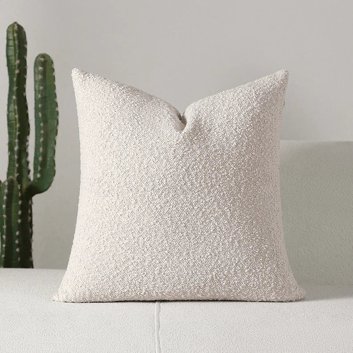 Textured beige pillow on a light gray sofa with a cactus plant in the background