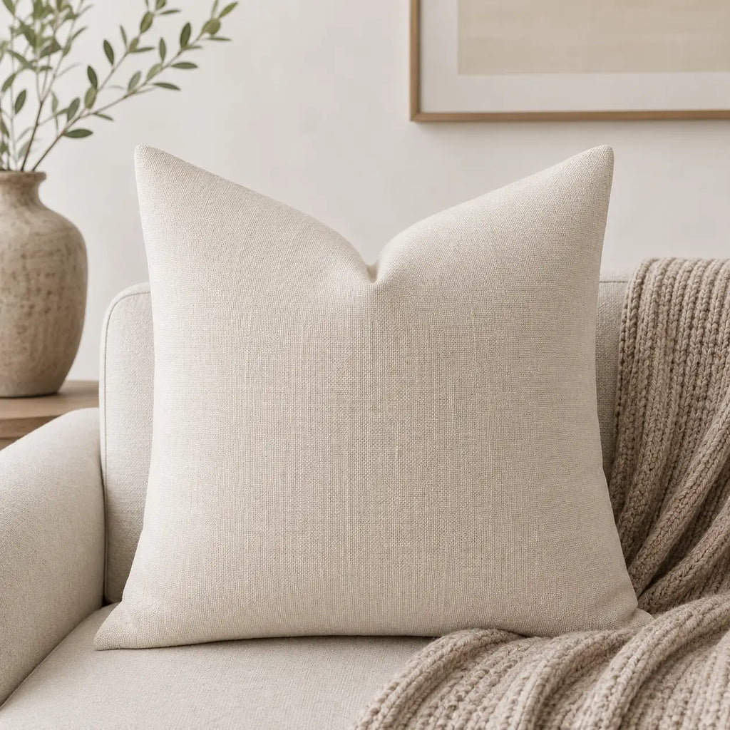 Beige pillow on a sofa with a neutral background