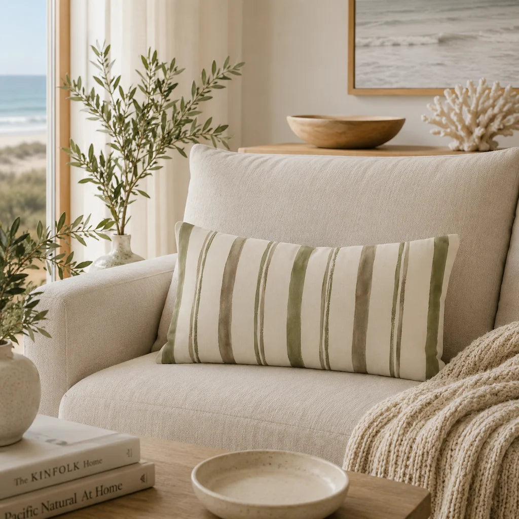 Cozy living room with a beige sofa, striped pillow, and decorative items.