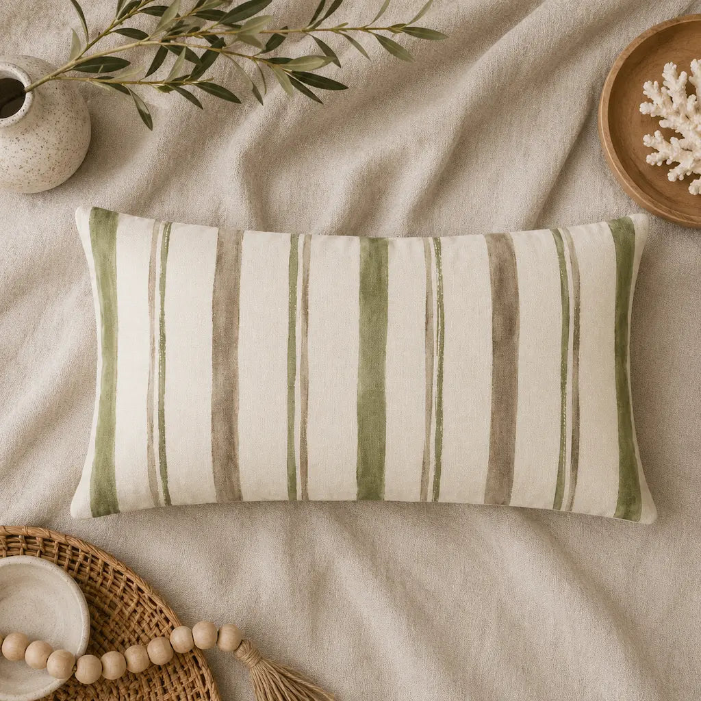 Striped pillow on a textured surface with decorative items around