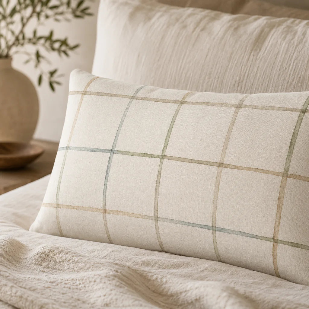 Plaid pillow on a textured surface with a blurred background
