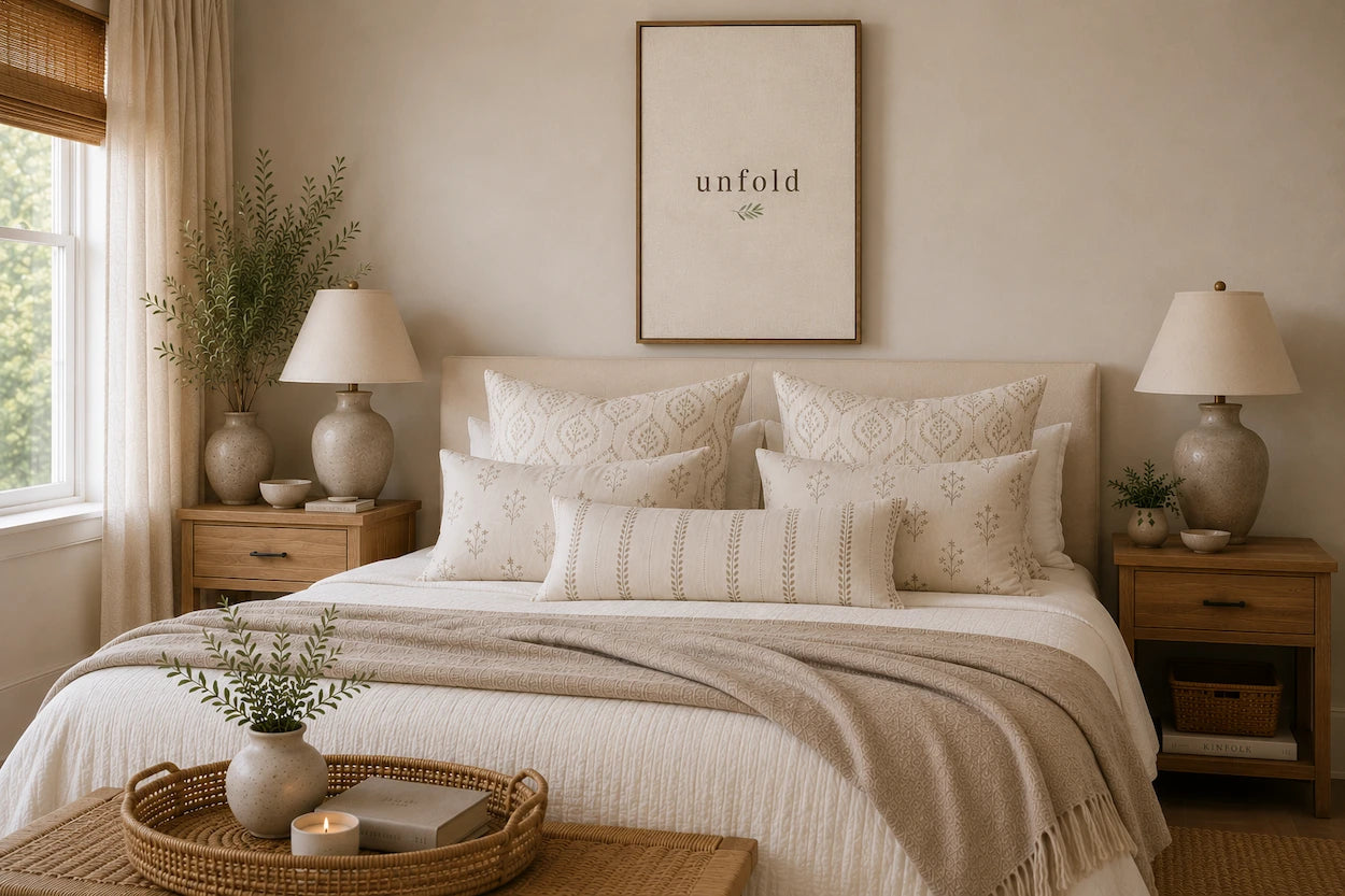 Bedroom with Pattern Throw Pillows n neutral colors. cozy, home accents