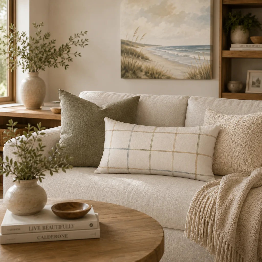 Cozy living room with a beige sofa, decorative pillows, and a wooden coffee table.