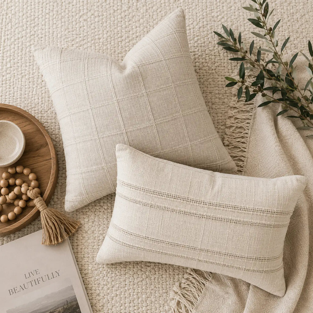 Two textured pillows on a textured surface with a vase and decorative items.