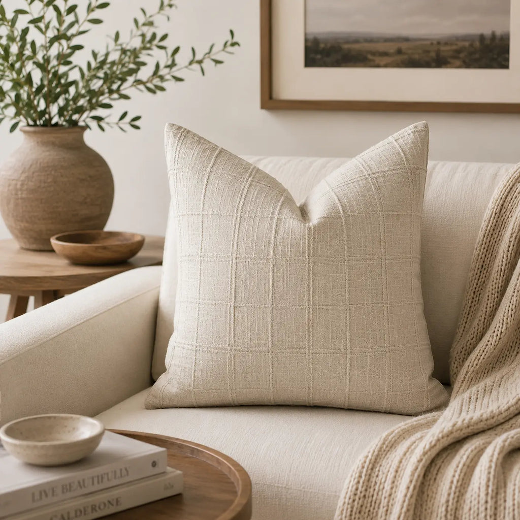 Beige pillow on a sofa with a plant and books in the background