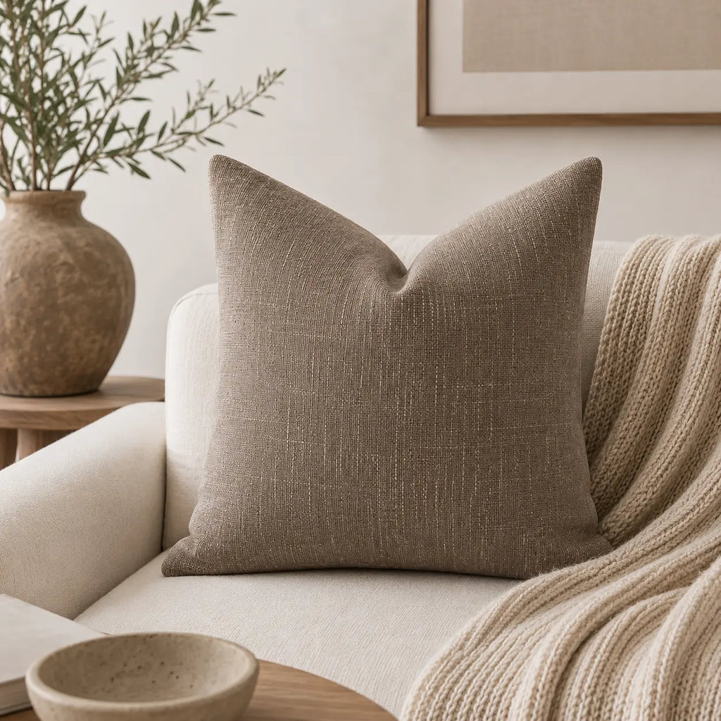 Textured brown pillow on a beige sofa with a neutral decor background