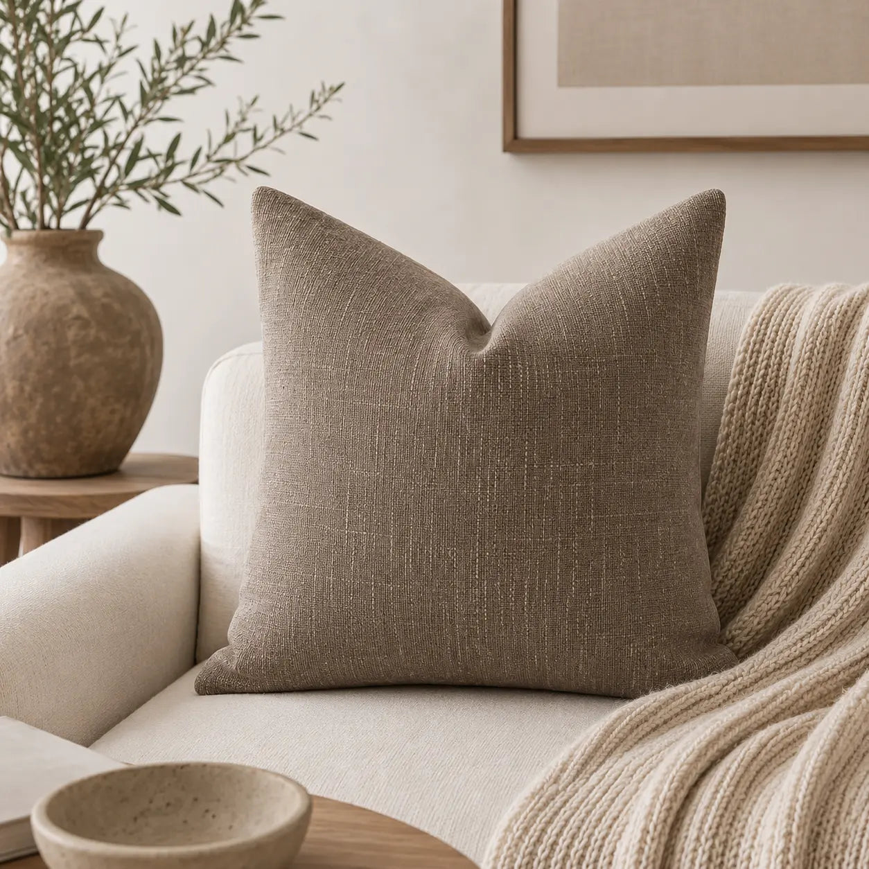 Textured brown pillow on a beige sofa with a neutral decor background