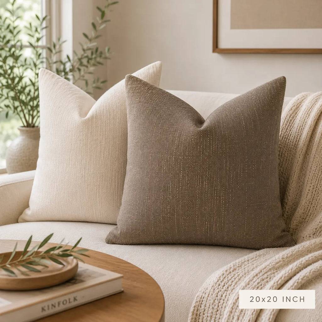 Beige and brown pillows on a sofa with a small table and plant in the background.