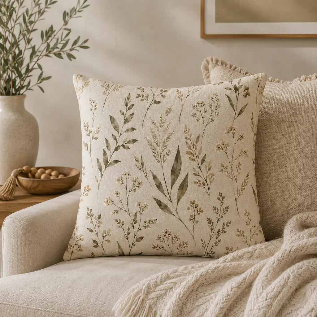 Decorative pillow with floral pattern on a beige sofa in a cozy living room.