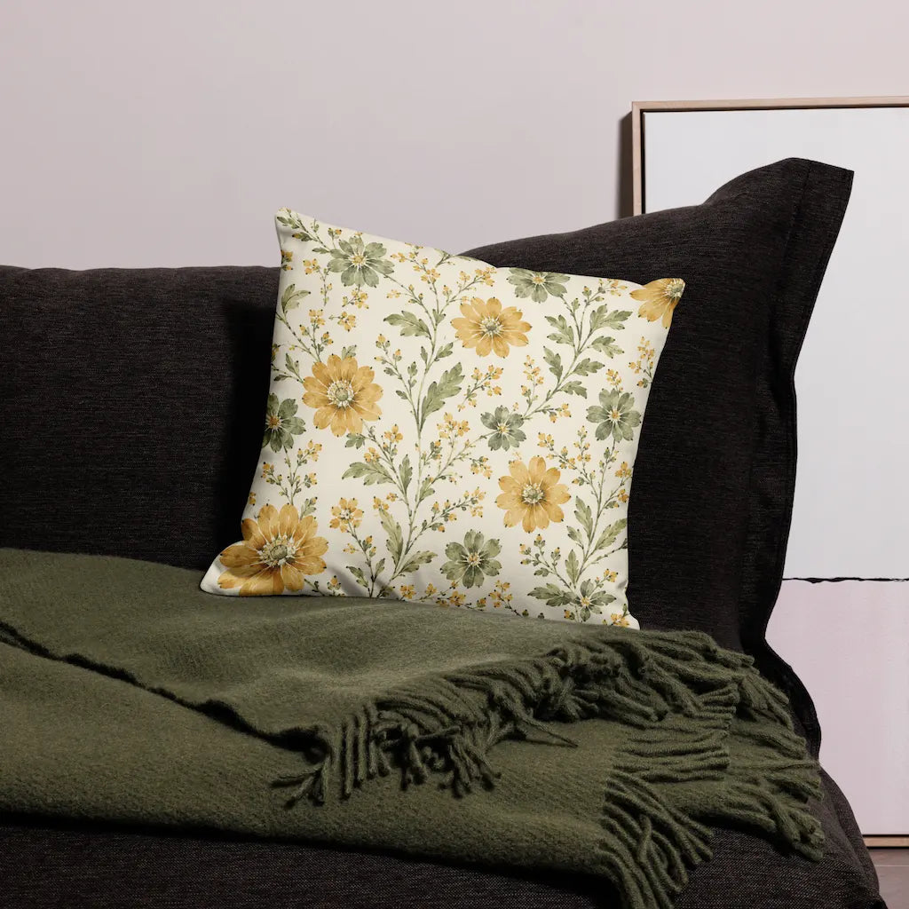 Floral-patterned pillow on a dark sofa with a green blanket