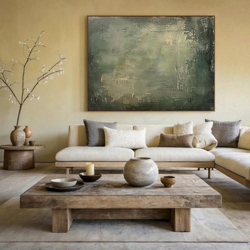 Large Abstract Painting | Green & Beige Minimalist Wabi-Sabi Canvas Wall Art