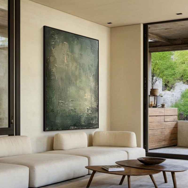 Large Abstract Painting | Green & Beige Minimalist Wabi-Sabi Canvas Wall Art