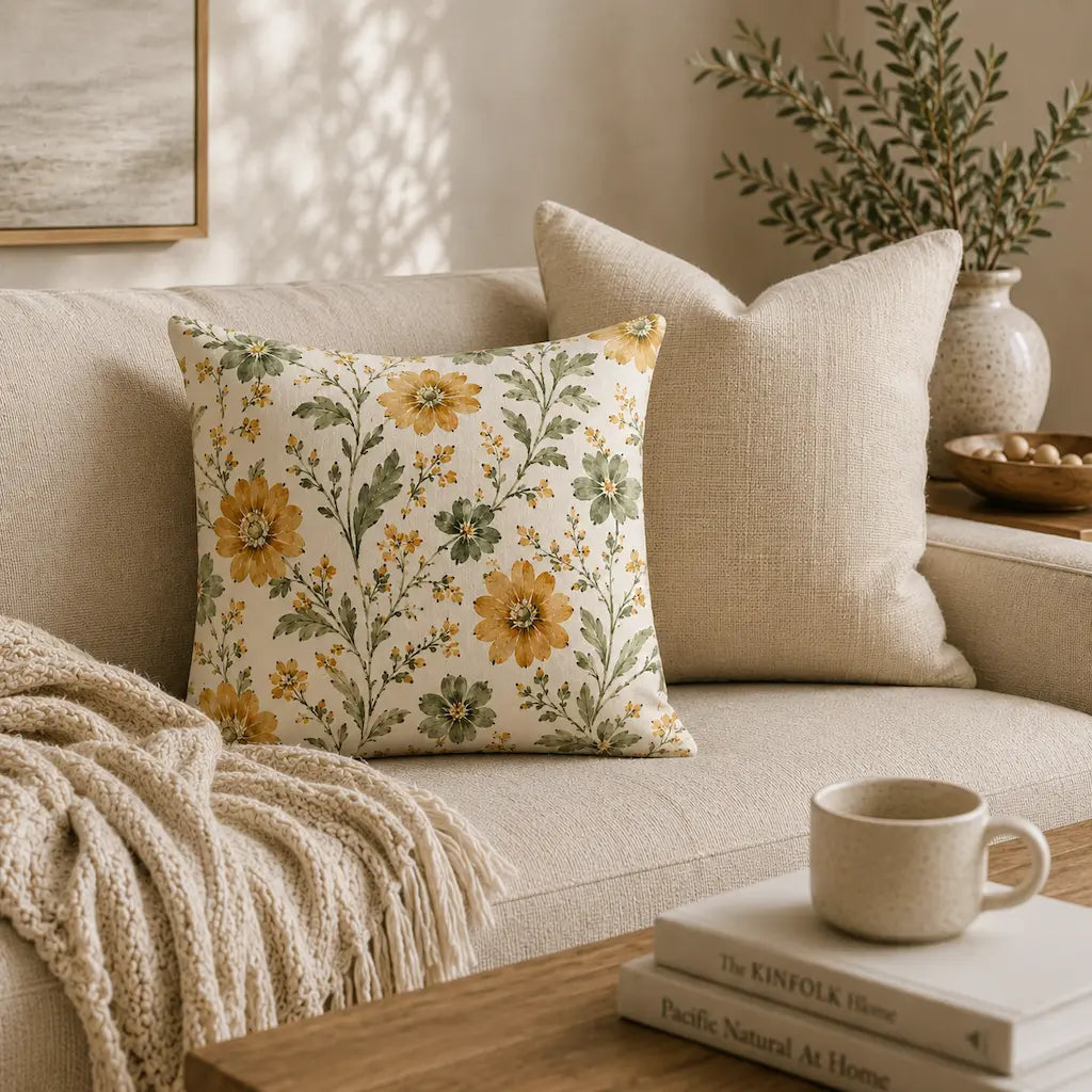 Floral pillow on a beige sofa with a coffee cup and books on a wooden table.