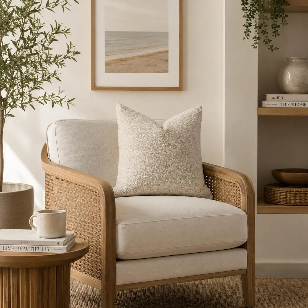 Beige armchair with a textured pillow in a cozy living room setting.