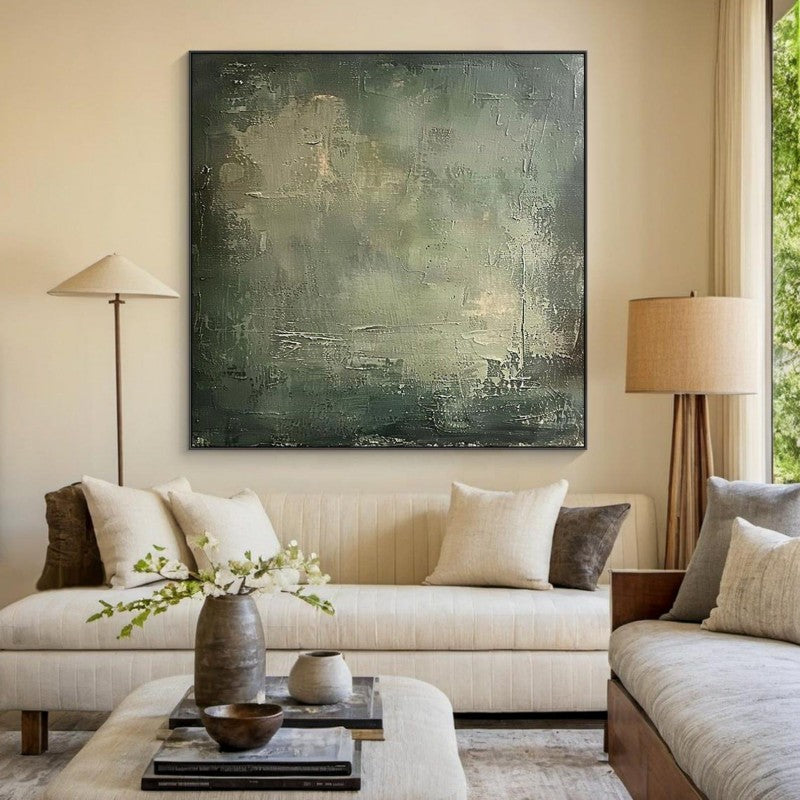 Large Abstract Painting | Green & Beige Minimalist Wabi-Sabi Canvas Wall Art
