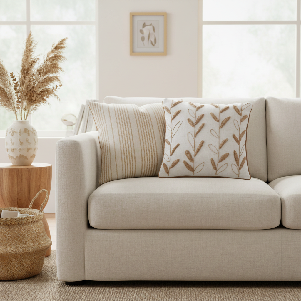Harvest Leaf Pillow – Cream Linen Sofa with Striped Pillow