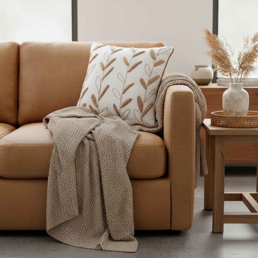 Harvest Leaf Pillow – Square Mockup Camel Sofa