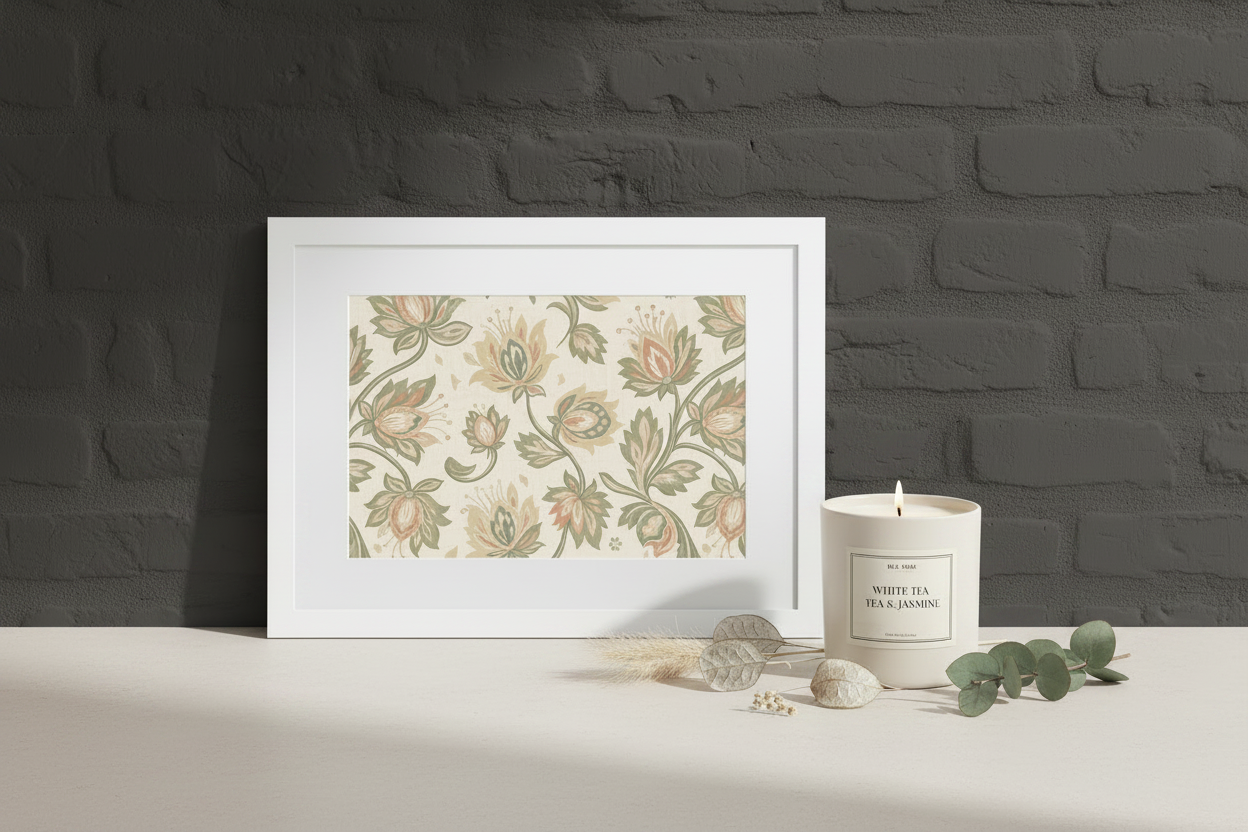 Heirloom Garden Print – Dark Wall Khaki Candle Mockup