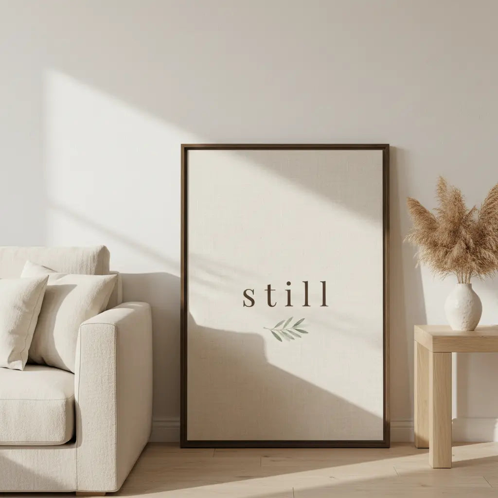 Framed artwork with 'still' text in a minimalistic living room setting