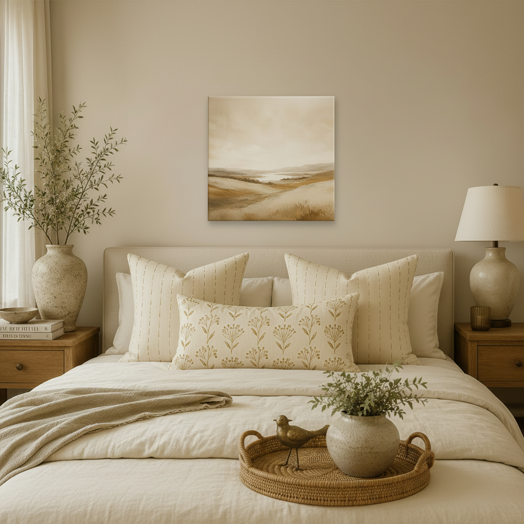 24x24 inch canvas art styled in a warm organic modern bedroom
