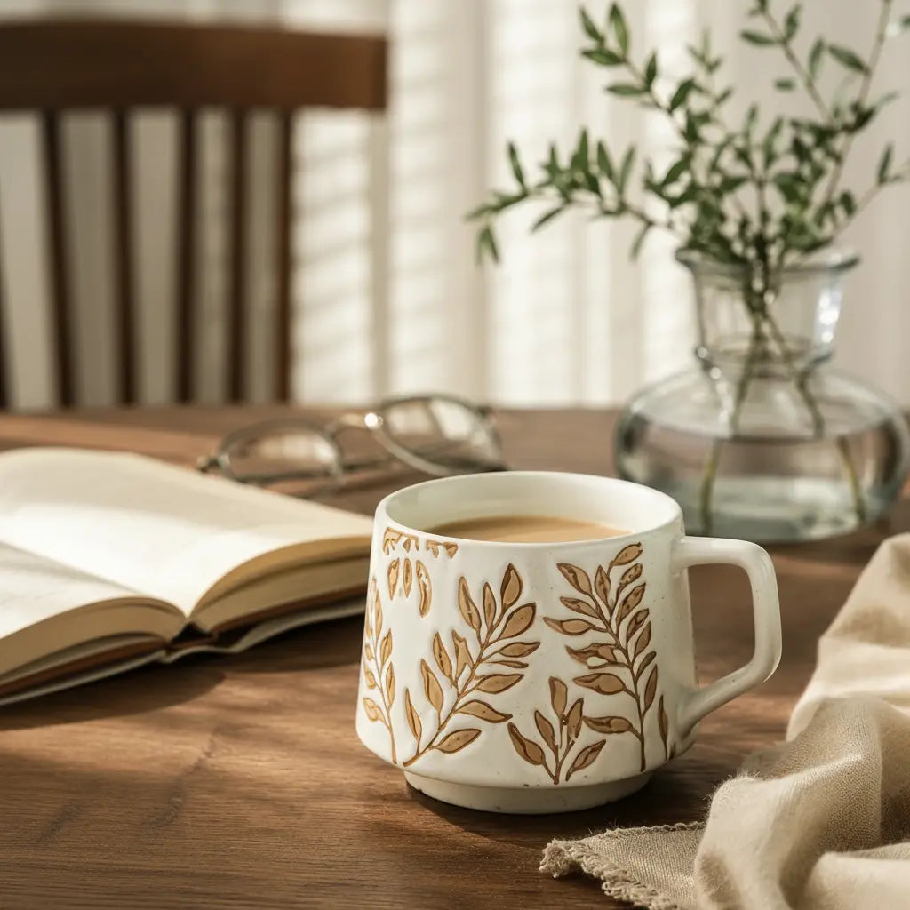 The Bean Leaf Mug — Botanical Stoneware Coffee Mug
