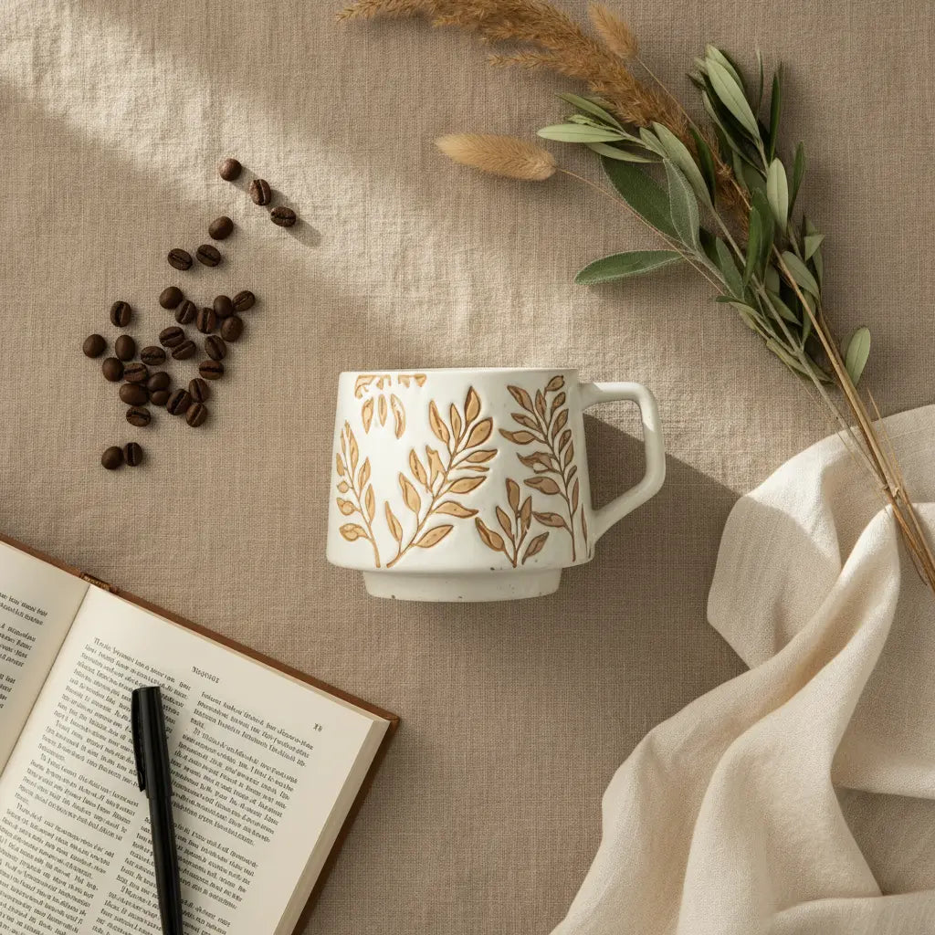The Bean Leaf Mug — Botanical Stoneware Coffee Mug