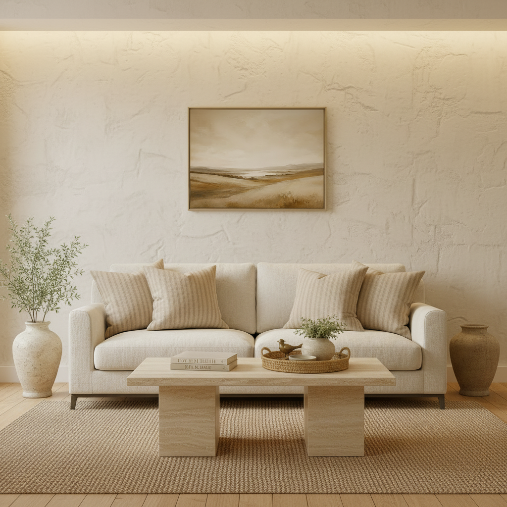 24x24 inch canvas art styled in a warm organic modern living room with sleek linen sofa