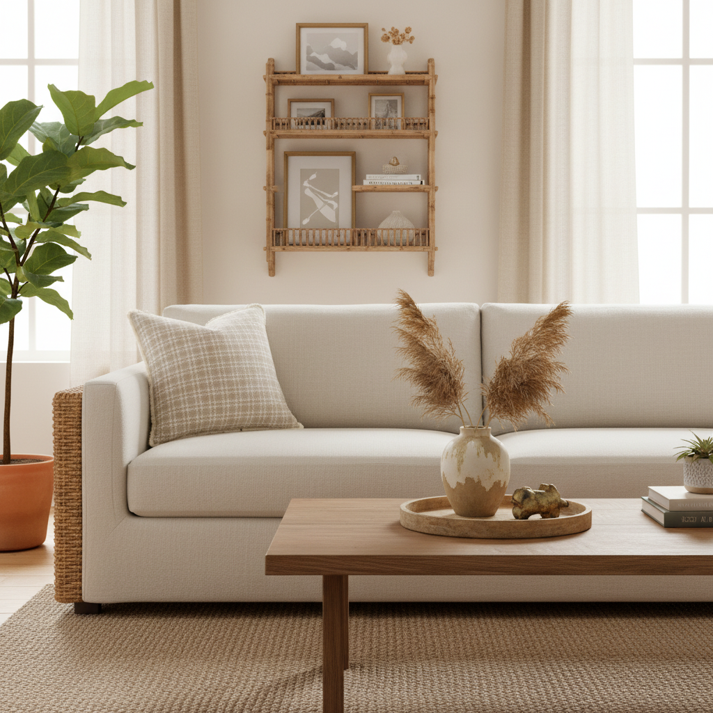 Oat Cottage Throw Pillow — Cream Linen Sofa with Wicker & Rattan