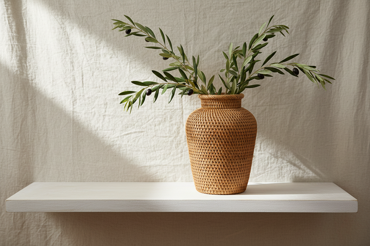 Rattan Vase with Olive Branches