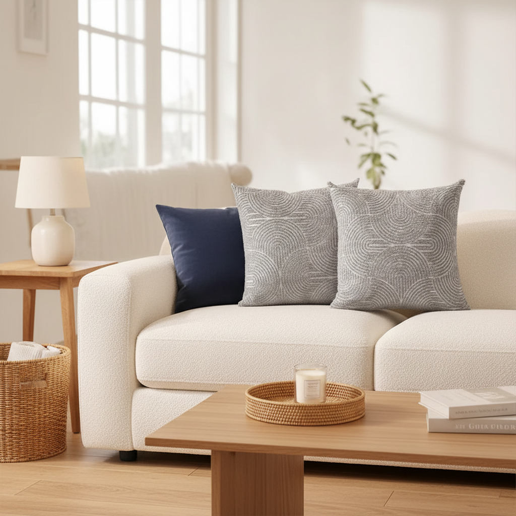 The Arc Chenille Pillow – Dove Gray with Single Navy Accent