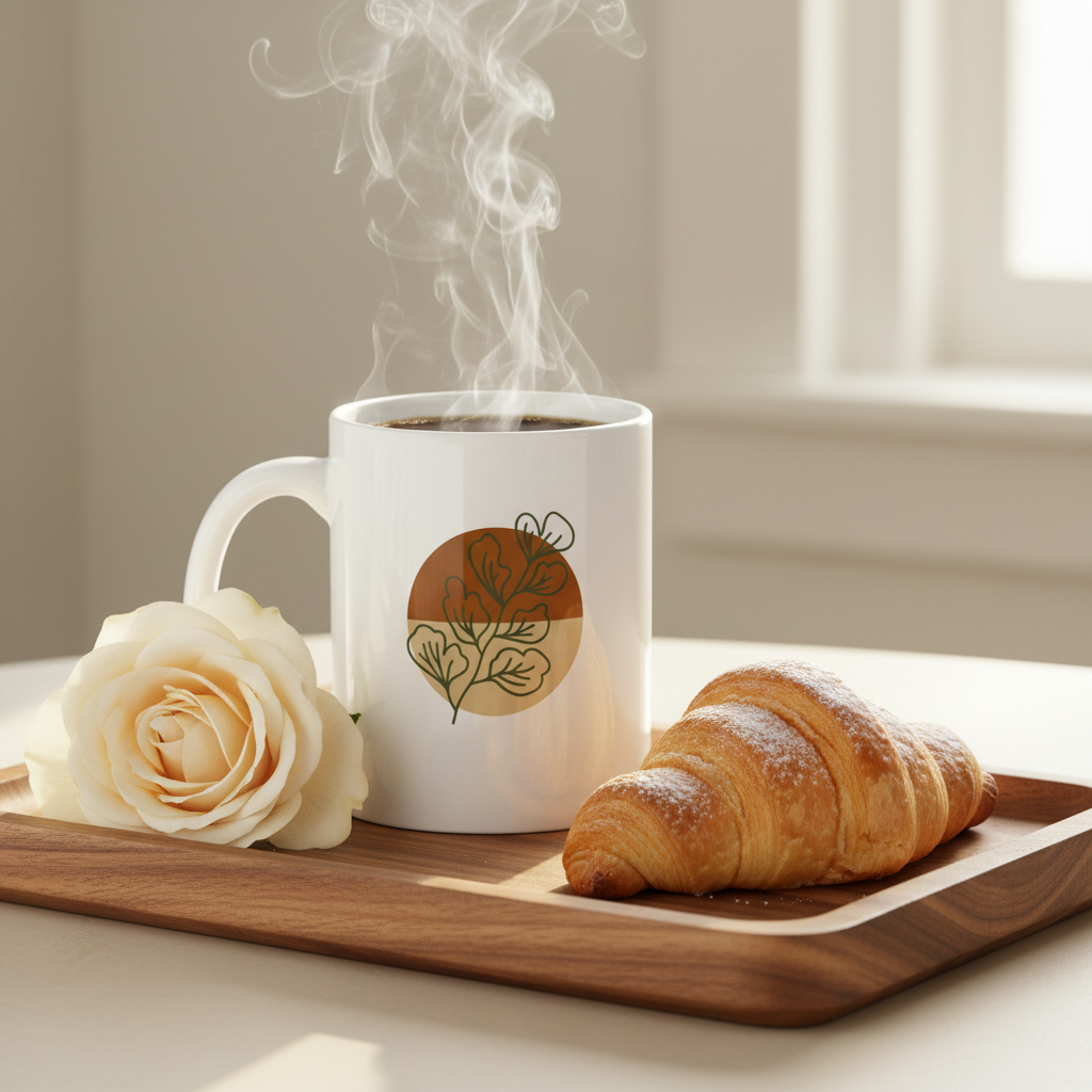 The Sienna Mug — Walnut Breakfast Tray Lifestyle Mockup