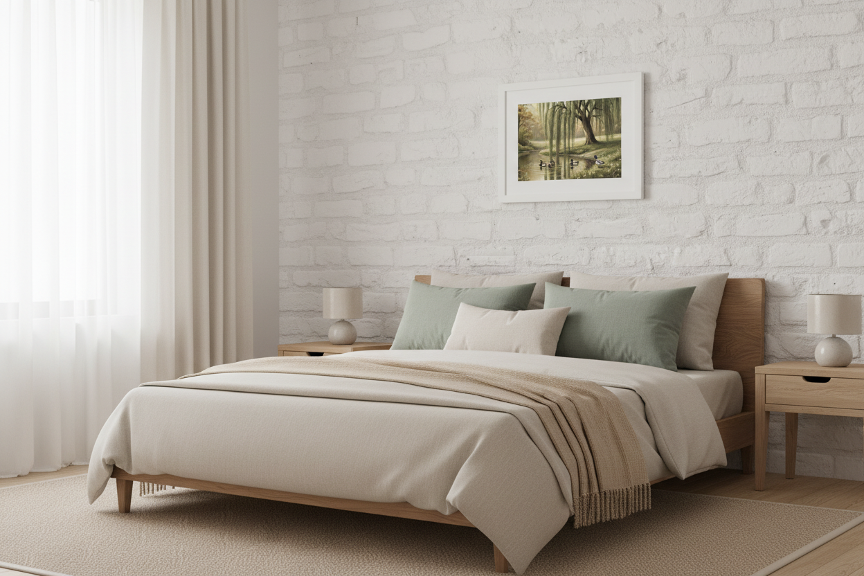 Willow Pond Print – White Frame Bedroom Mockup